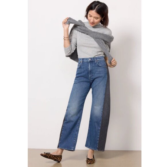NEW MOTHER Lil Half Pipe Flood Black and Blue 28 Petite Barrel High Waist Ankle